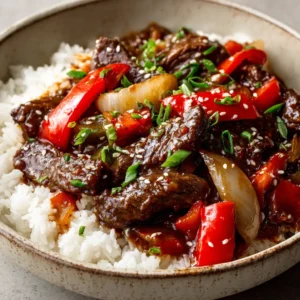 A close-up food photography shot of slow cooker pepper steak, with glistening, thick-cut strips of beef and soft-cooked red and green bell peppers in a dark, savory gravy. (Slow Cooker Pepper Steak)