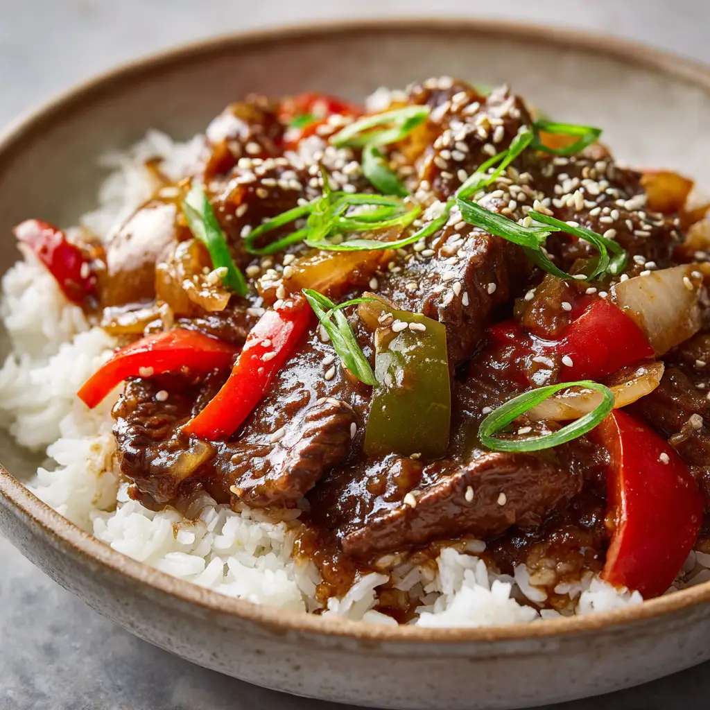 A serving of slow cooker pepper steak in a rustic bowl, garnished with toasted sesame seeds and fresh scallions over fluffy white rice.