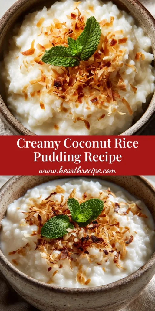 A shareable pin image of creamy coconut rice pudding in a rustic bowl, garnished with toasted coconut flakes and a fresh mint leaf. (Coconut Rice Pudding)