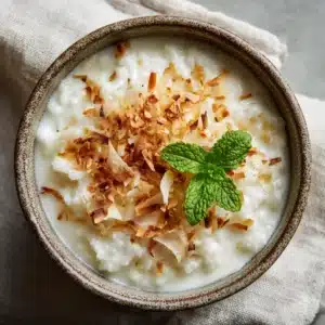 A close-up overhead shot of a rustic ceramic bowl filled with thick, creamy coconut rice pudding. Plump rice grains are visible in a velvety white sauce, topped with golden-brown toasted coconut, cinnamon, and a mint leaf. (Coconut Rice Pudding)
