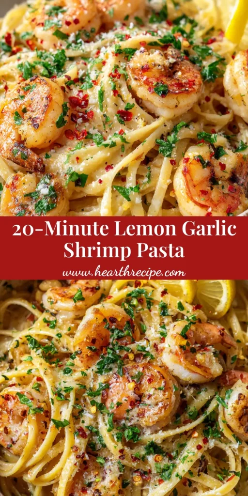 A close-up of a rustic bowl filled with Lemon Garlic Shrimp Pasta. The linguine is coated in a creamy sauce and topped with seared shrimp, fresh parsley, and parmesan.