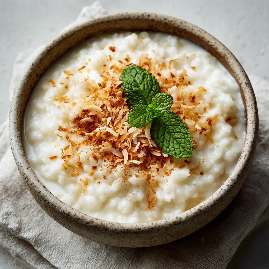 A side-angle view of a bowl of creamy coconut rice pudding, showing the thick consistency and the garnishes of toasted coconut and fresh mint.