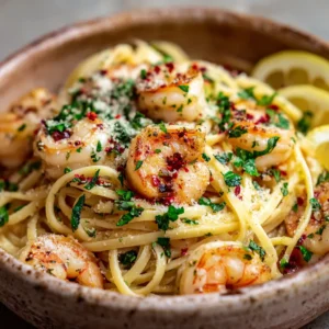 A rustic ceramic bowl of Lemon Garlic Shrimp Pasta, showing the glossy, creamy sauce coating the linguine and plump, pan-seared shrimp with golden-brown caramelization.