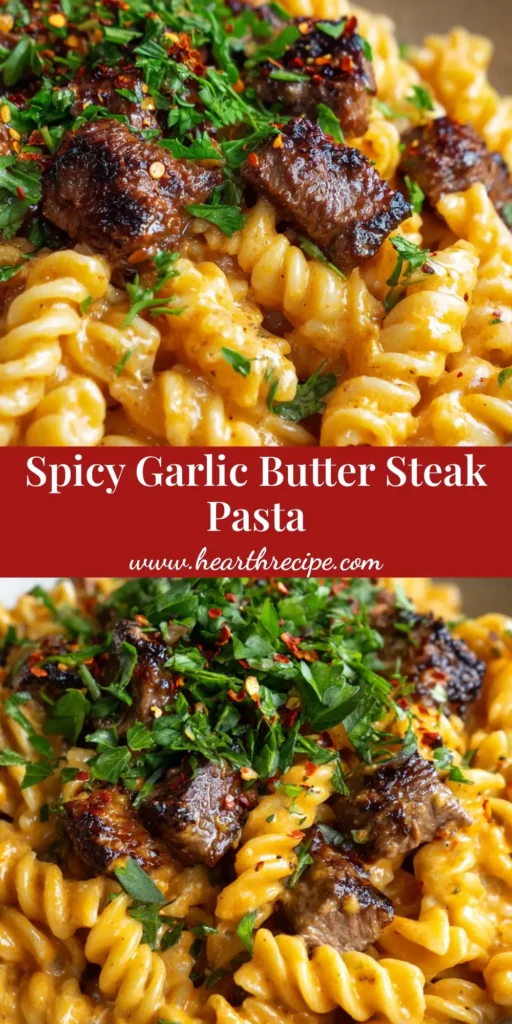 A top-down view of Garlic Butter Steak Pasta in a white bowl, showing creamy sauce, seared steak, and parsley.