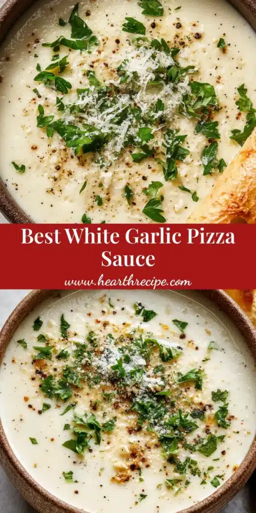 A rustic ceramic bowl of thick, creamy white garlic pizza sauce, garnished with parsley and parmesan, with a crusty breadstick dipped in. (White Garlic Pizza Sauce)