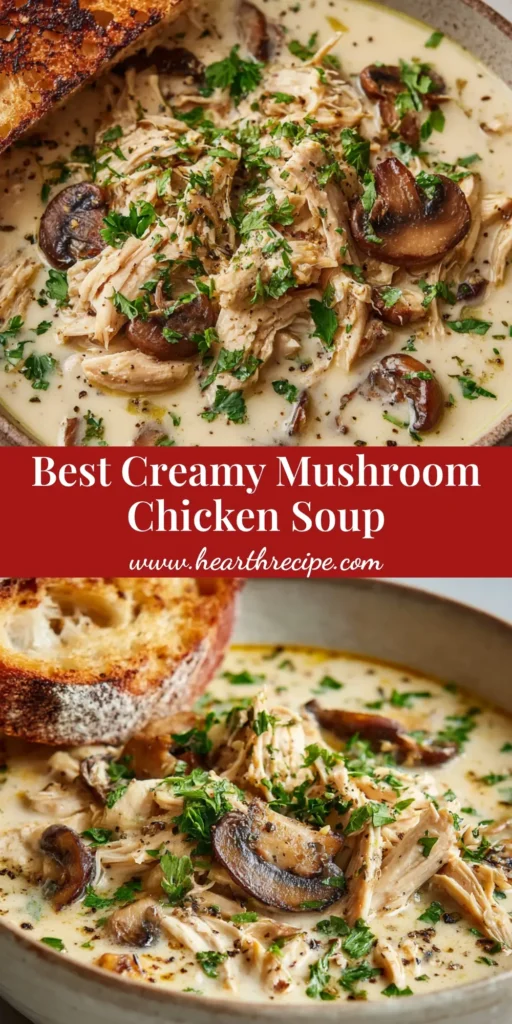 A shareable pin image showing a rustic bowl of Creamy Mushroom Chicken Soup, garnished with parsley and pepper, with text overlay.