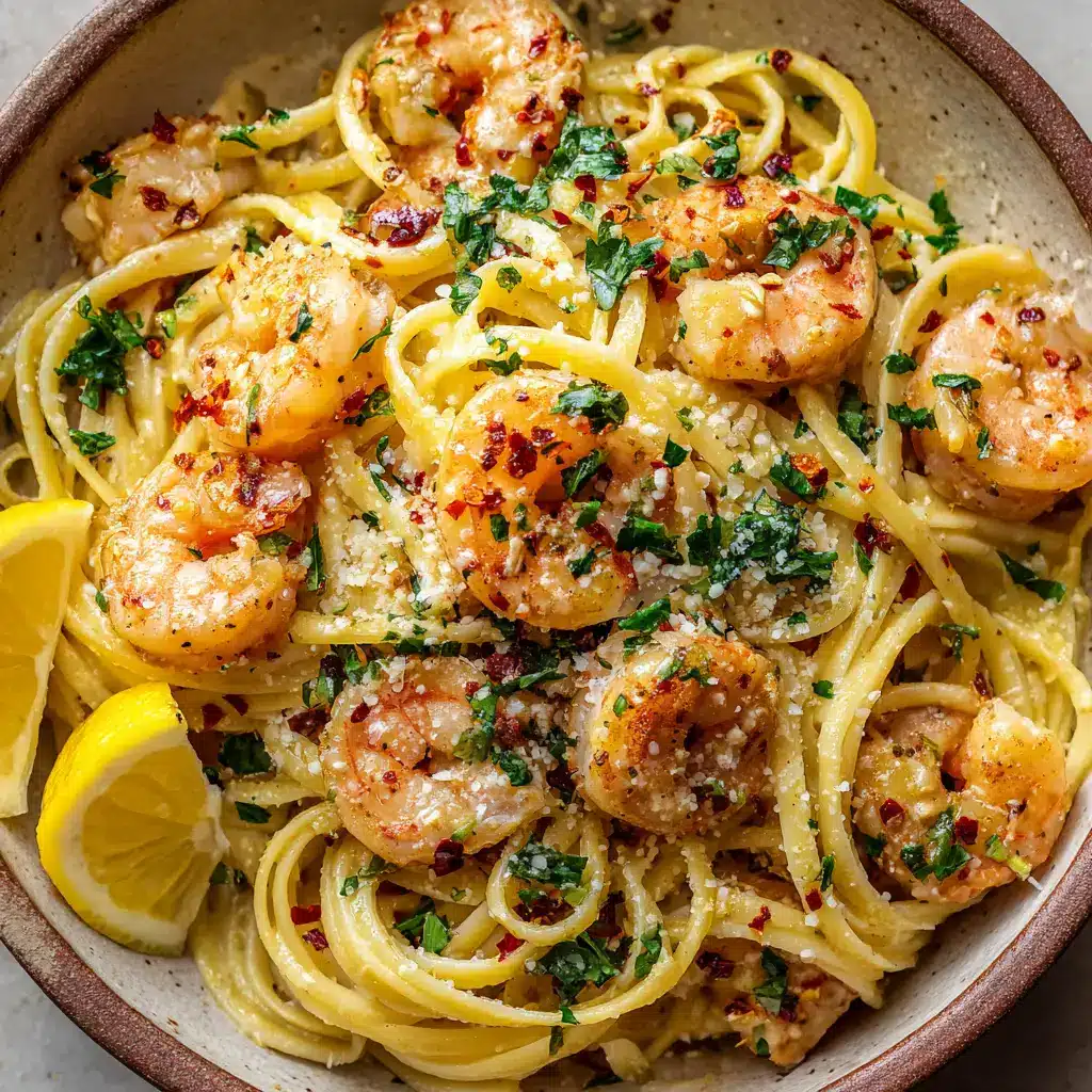 A close-up overhead shot of the finished Lemon Garlic Shrimp Pasta, garnished with vibrant fresh parsley, red pepper flakes, and a lemon wedge on the side of the bowl.