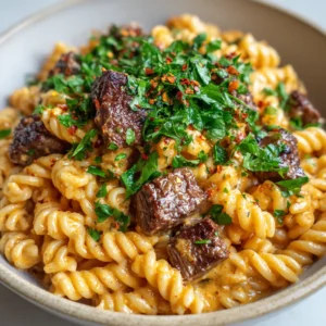 A close-up view of a shallow ceramic bowl filled with Garlic Butter Steak Pasta. The rotini is coated in a glossy, light orange creamy sauce and mixed with seared steak bites.