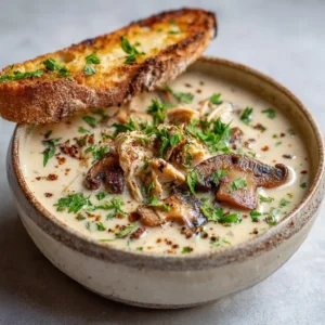 A close-up shot of a rustic ceramic bowl filled with Creamy Mushroom Chicken Soup. The velvety texture, shredded chicken, and seared mushrooms are clearly visible.