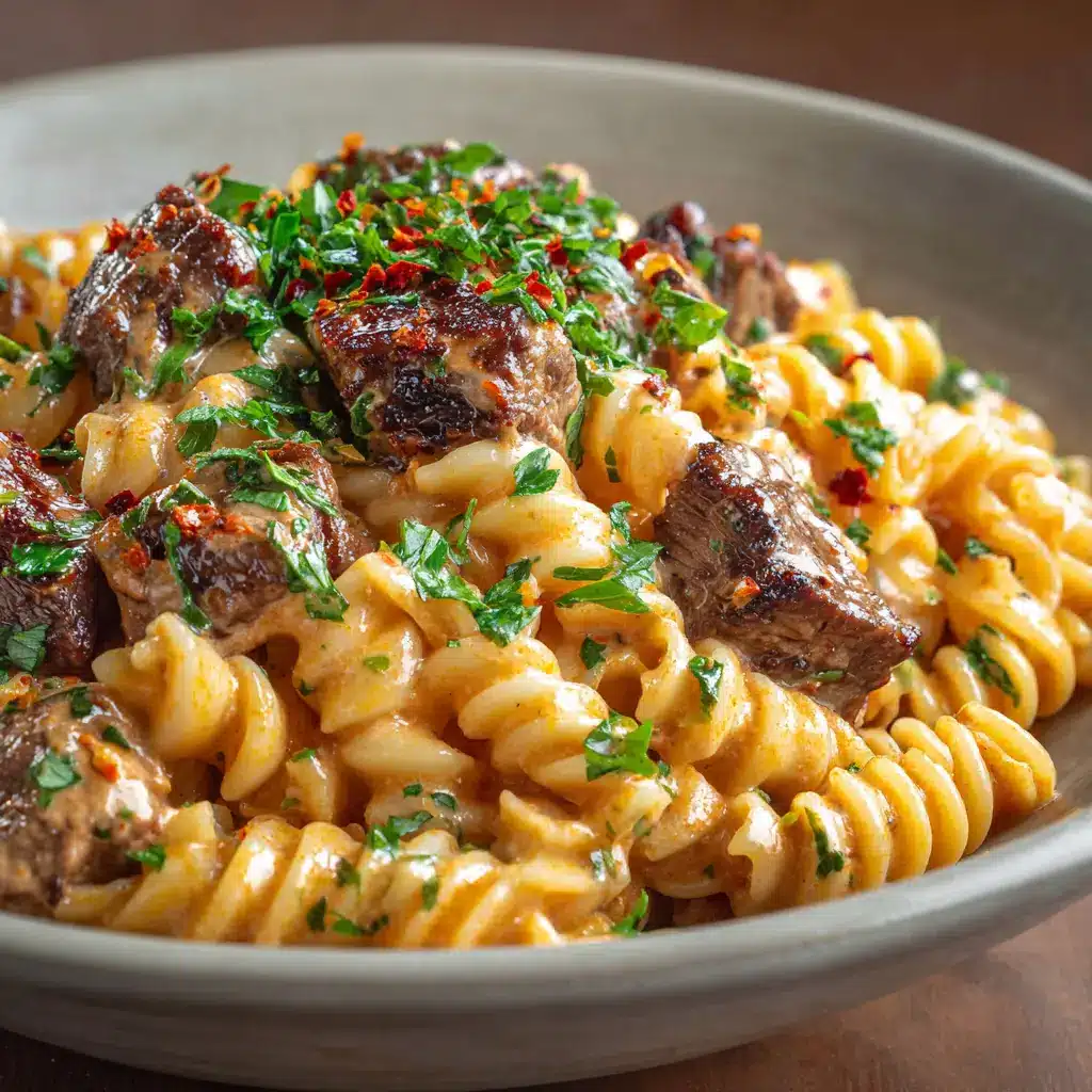 An overhead shot of the Garlic Butter Steak Pasta, highlighting the vibrant garnish of finely chopped fresh green parsley and crushed red pepper flakes.