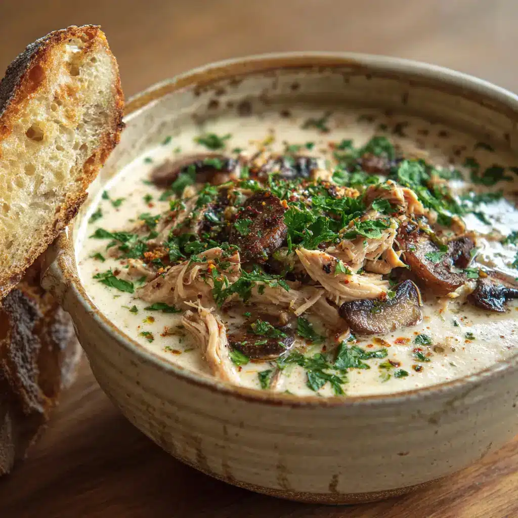 An overhead view of the finished Creamy Mushroom Chicken Soup, garnished with fresh chopped parsley and cracked black pepper, with a slice of artisan bread on the side.