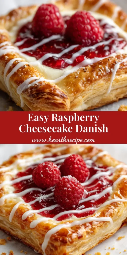 A close-up of a homemade Raspberry Cheesecake Danish on parchment paper, featuring flaky golden pastry, a cream cheese center, and a glossy raspberry and icing drizzle.