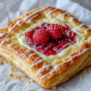 A freshly baked Raspberry Cheesecake Danish shown close-up, highlighting the puffed, crispy edges and the smooth baked cream cheese filling before the icing is added.