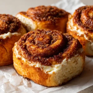 A detailed view of a freshly baked Cream Cheese Cinnamon Roll, highlighting the golden-brown spiral dough and the rich, oozing cream cheese filling.