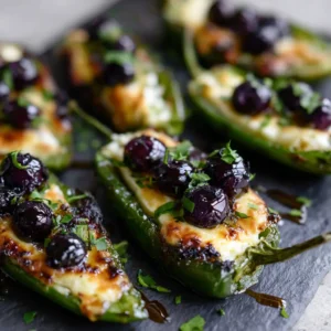 A detailed close-up shot of a single Blueberry Brie Jalapeno Popper, showcasing the gooey melted brie cheese and glistening burst blueberries inside a blistered jalapeno boat.