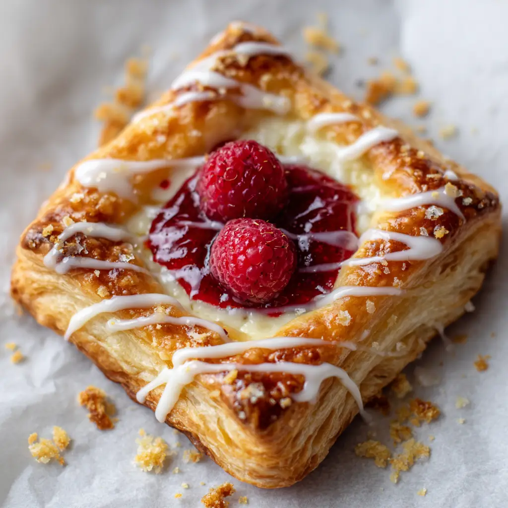 The smooth cream cheese filling being spread onto the puff pastry square, an essential step in making the Raspberry Cheesecake Danish.