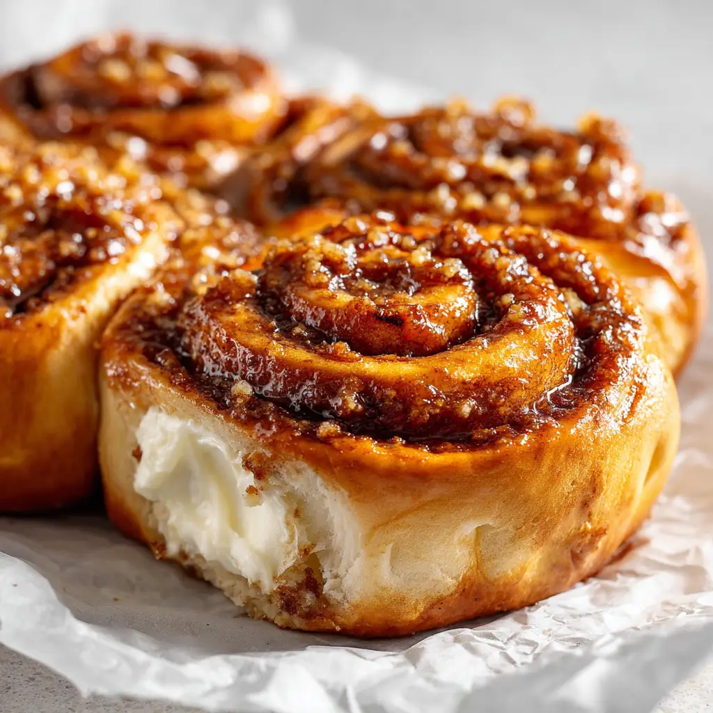 Multiple Cream Cheese Cinnamon Rolls in a baking dish, glistening with a butter glaze and showcasing the granular caramelized cinnamon-sugar crust.