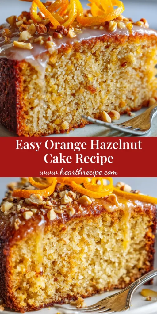 A thick slice of moist Orange Hazelnut Cake on a white plate, topped with a glossy glaze, candied orange peel, and toasted hazelnuts. A silver fork rests beside it.