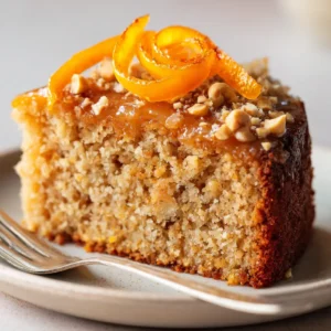Close-up of the golden-brown crumb of the Orange Hazelnut Cake, showing visible flecks of ground hazelnuts and orange zest.