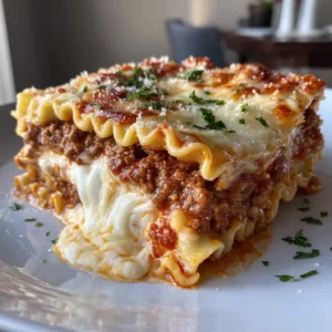 A close-up handheld photo showing a slice of freshly baked San Giorgio Lasagna. The layers of meat sauce, wavy noodles, ricotta, and melted mozzarella are clearly visible, garnished with parsley.