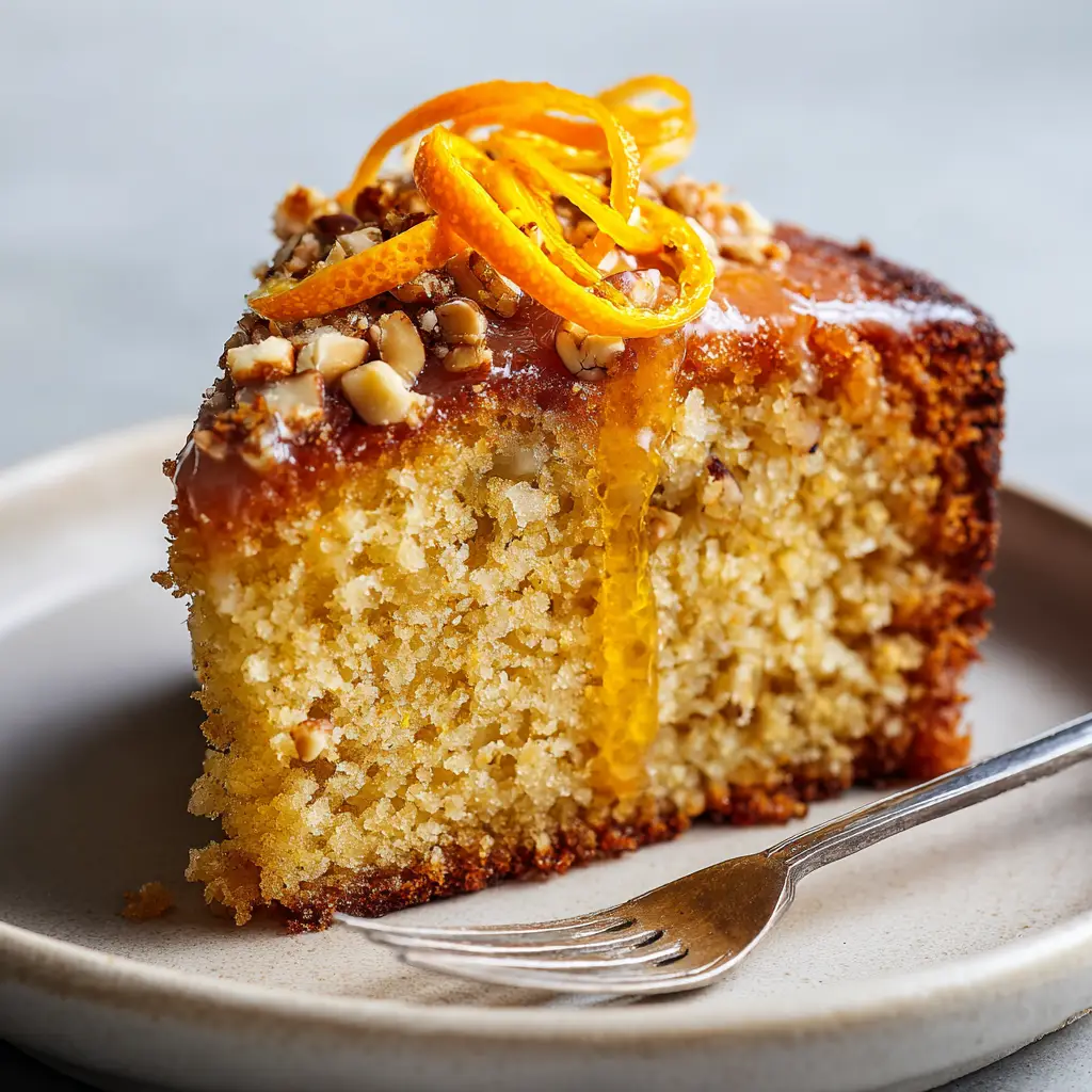 Top-down view of the Orange Hazelnut Cake slice, highlighting the translucent orange syrup glaze, curled candied orange peel, and chopped hazelnuts.