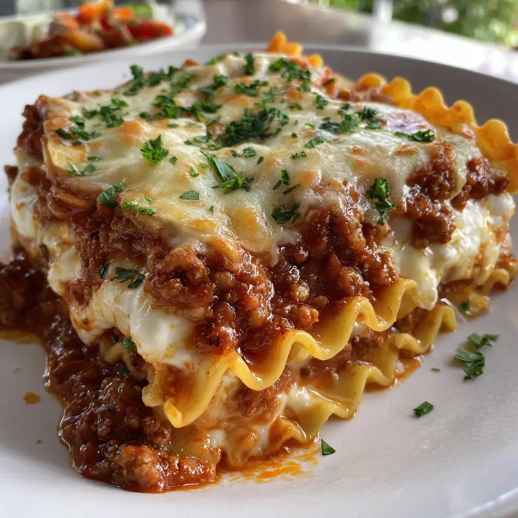 The process of layering a San Giorgio Lasagna in a baking dish, showing the meat sauce, wavy noodles, and cheese.