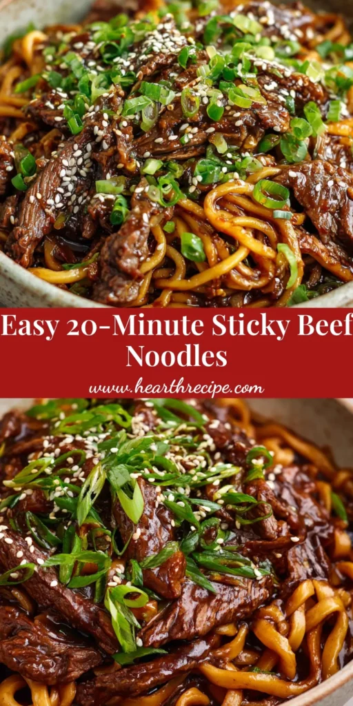 A close-up of a rustic ceramic bowl filled with Sticky Beef Noodles, featuring glossy sauce, seared steak, and a garnish of sesame seeds and green onions.
