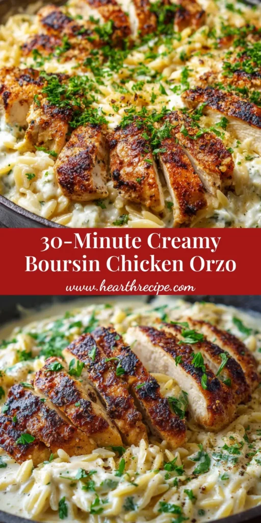 A close-up overhead shot of a skillet of creamy Boursin Chicken Orzo, garnished with fresh parsley and black pepper.