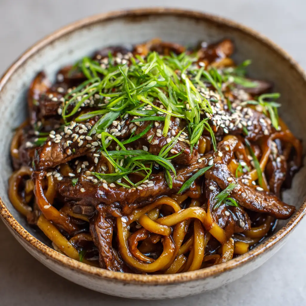 A side view of the Sticky Beef Noodles, showcasing the texture of the thick noodles and the generous garnish of chopped green onions.