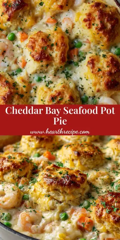 A serving of creamy seafood pot pie on a plate, showing the inside filling with shrimp, fish and vegetables. The golden cheddar biscuit topping is visible.