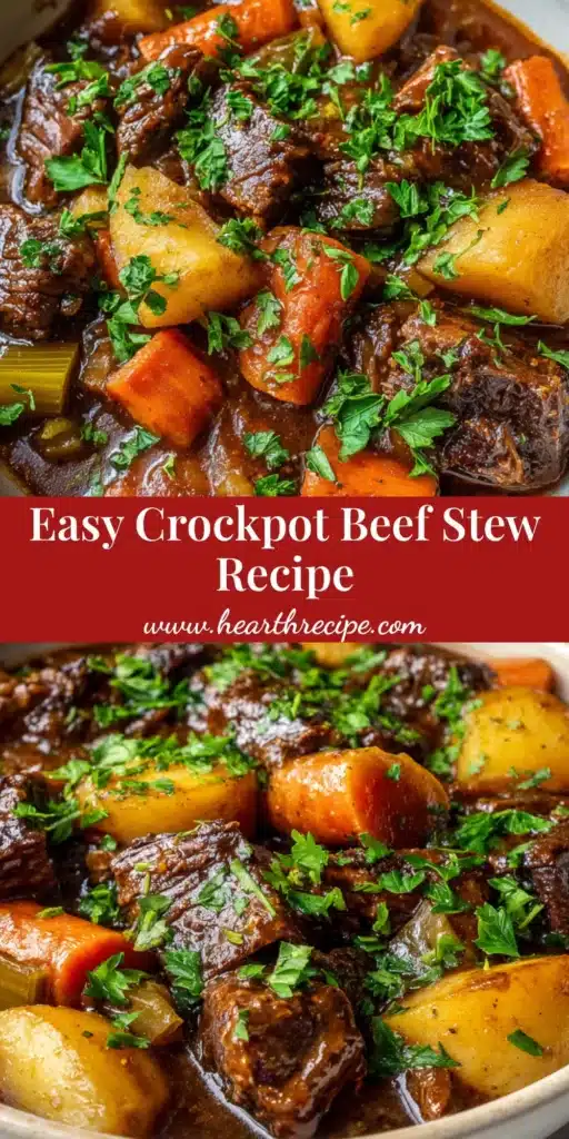 A close-up shot of a white bowl filled with thick and hearty Crockpot Beef Stew, featuring tender beef chunks, carrots, and potatoes in a dark brown gravy. (Crockpot Beef Stew)