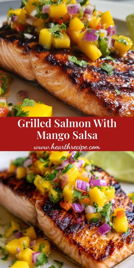 A close-up of a perfectly grilled salmon fillet on a white plate, topped with a generous portion of chunky, fresh mango salsa. A lime wedge sits beside it.