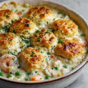 A close-up shot of a freshly baked seafood pot pie in a round ceramic baking dish. The top is covered with golden-brown cheddar drop biscuits and parsley.