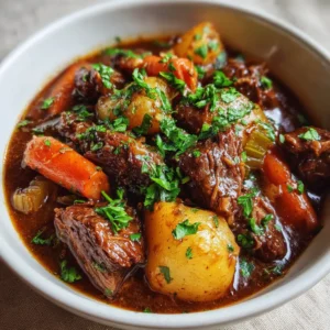 A rustic white ceramic bowl of hearty Crockpot Beef Stew, showing the rich, glossy gravy coating tender beef, carrots, and potatoes, generously garnished with parsley. (Crockpot Beef Stew)