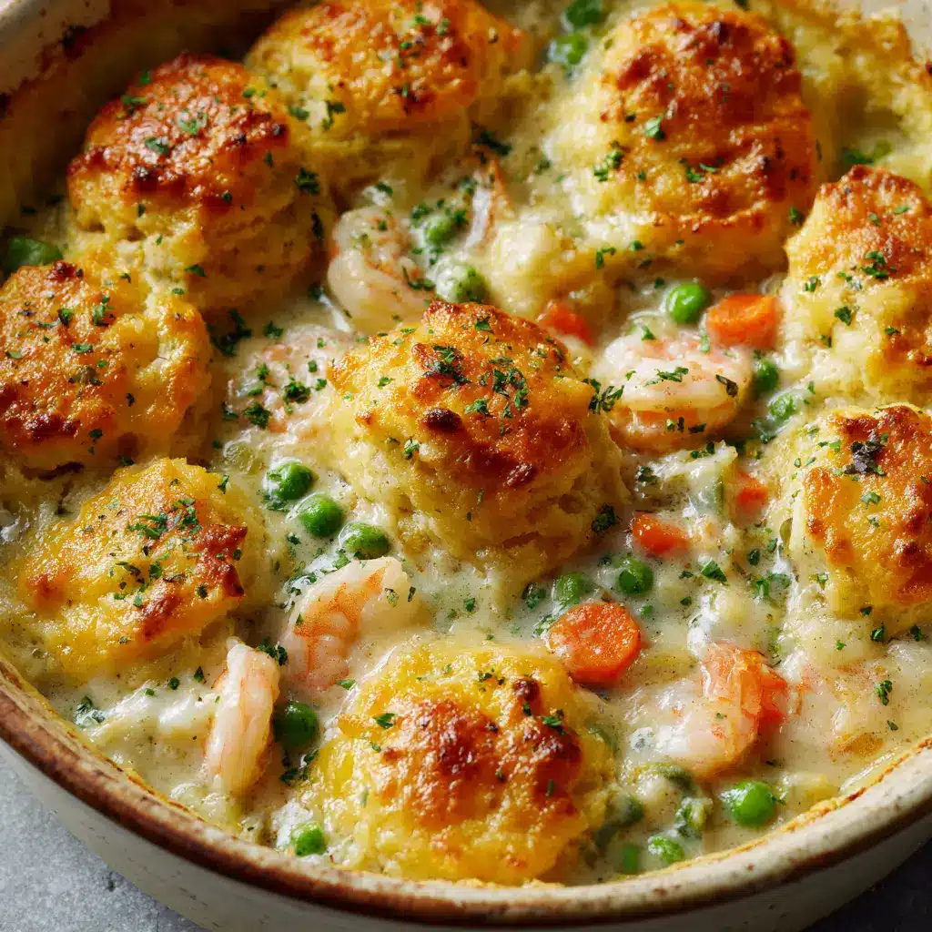 An angled view of the bubbling seafood pot pie, highlighting the creamy filling with shrimp, fish, peas, and carrots beneath the biscuit crust.
