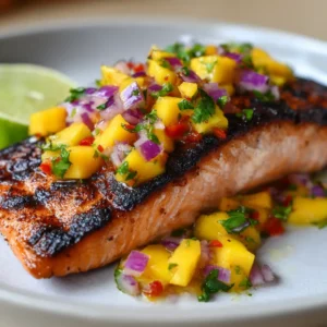 A perfectly seared salmon fillet with dark grill marks, topped with a vibrant mango salsa made of diced mango, red onion, and cilantro. (Grilled Salmon with Mango Salsa)