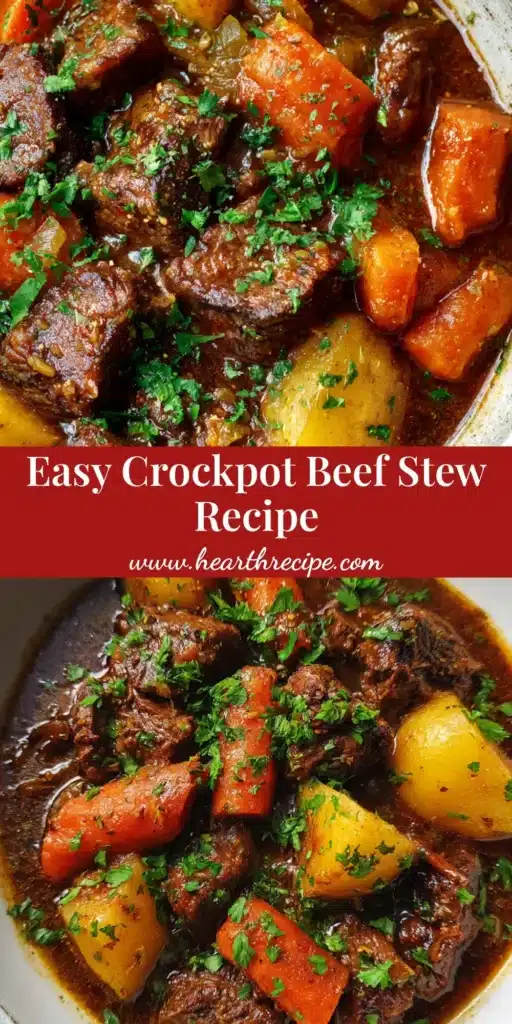 An overhead shot of a rustic white bowl filled with Crockpot Beef Stew, featuring tender beef, carrots, and potatoes in a rich, glossy gravy, garnished with parsley.