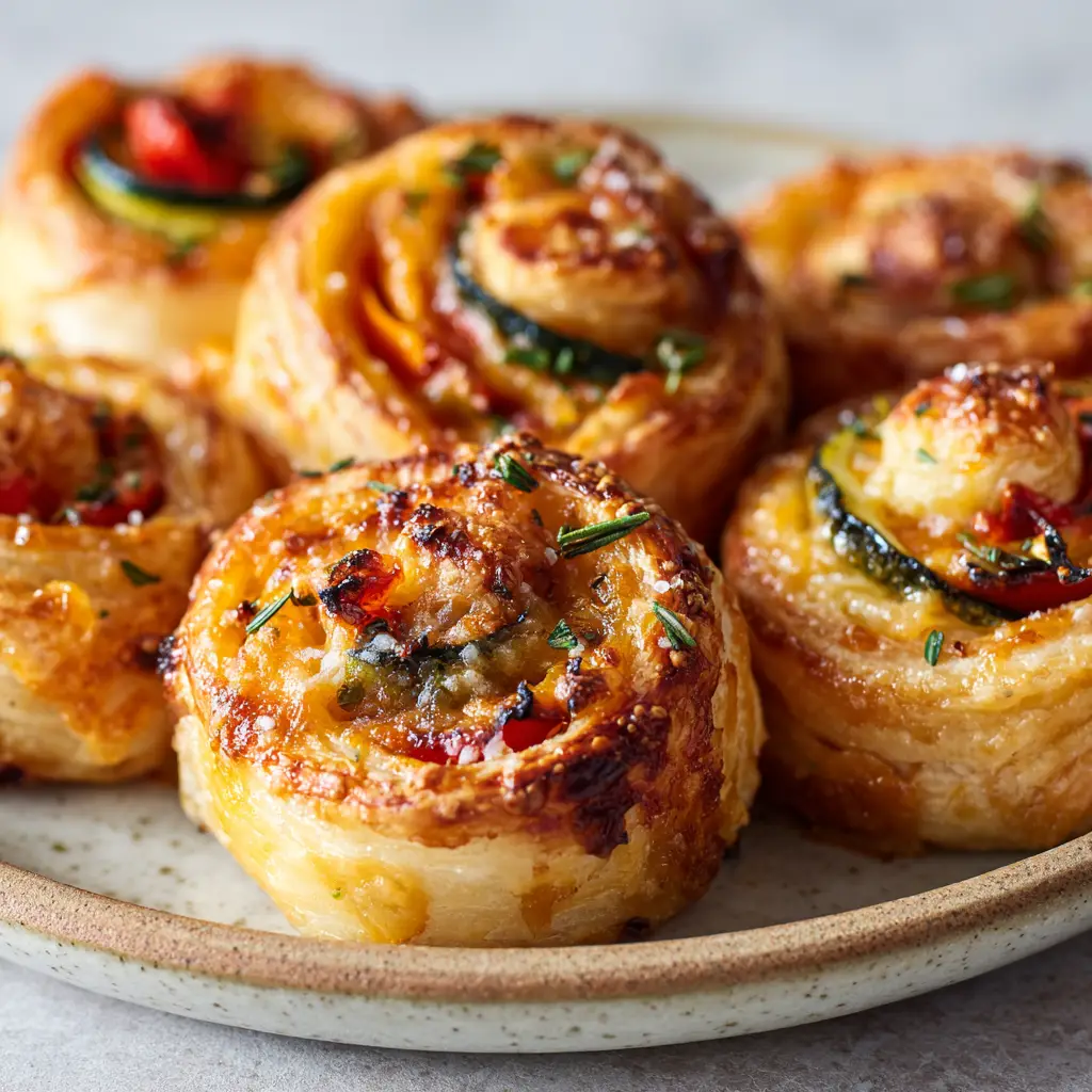 A rustic ceramic plate holding several perfectly baked cheesy vegetable puff pastry rolls, showcasing their spiral filling of peppers, zucchini, and cheese.