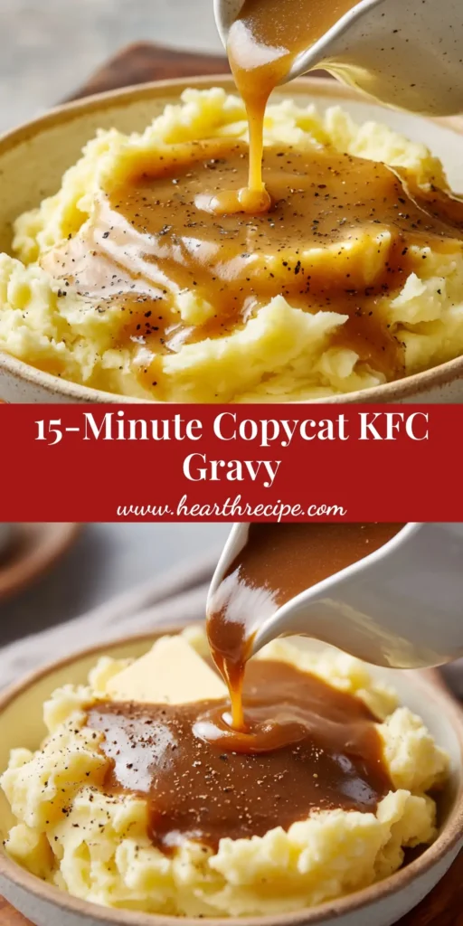 A close-up shot of a white gravy boat pouring rich, glossy brown gravy onto mashed potatoes. The gravy has visible specks of black pepper. (KFC Gravy Copycat)