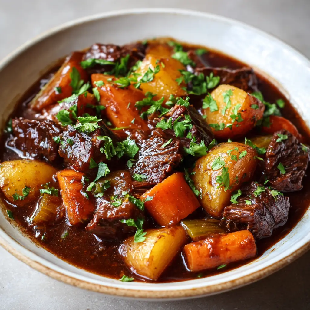 An overhead view of a delicious homemade Crockpot Beef Stew in a white bowl, ready to be served.