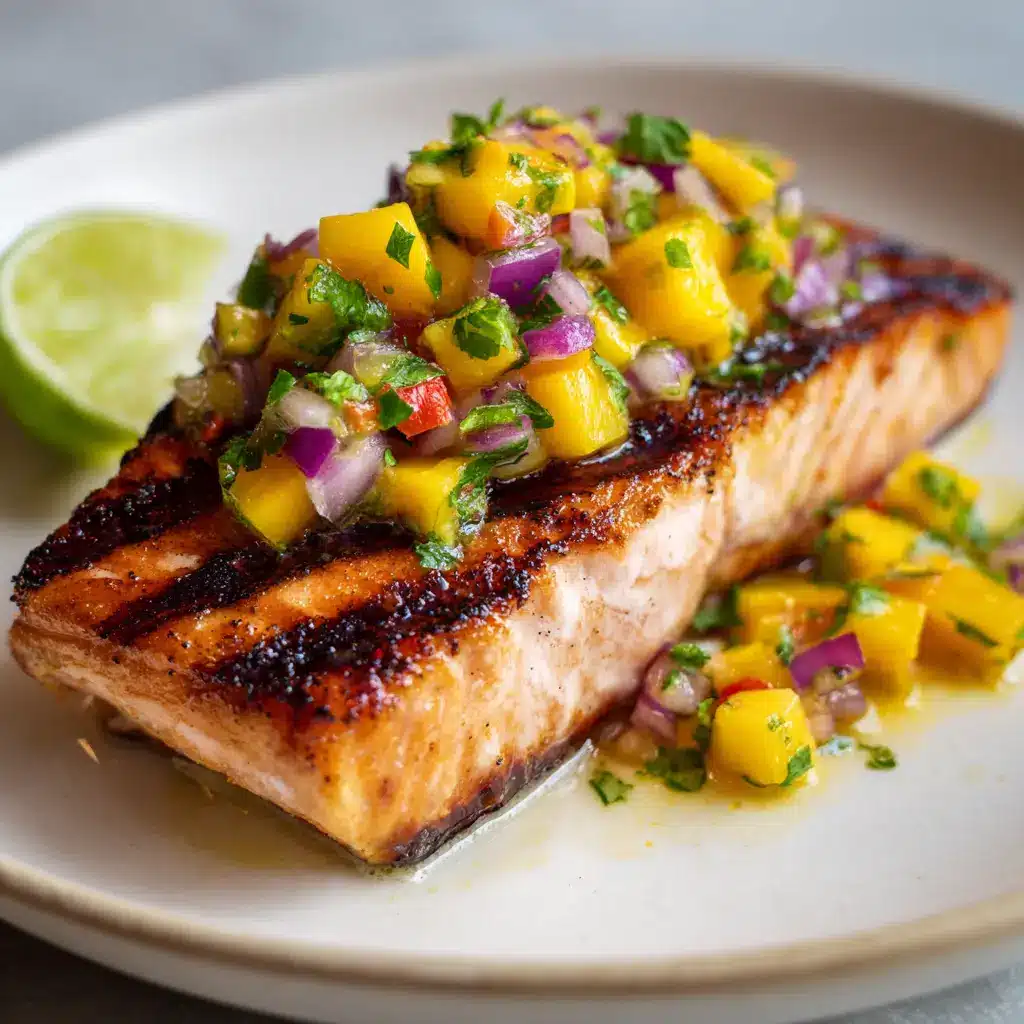 A handheld smartphone photo showing the vibrant colors of the mango salsa, with glistening citrus juice on the diced mango, red pepper, and cilantro.