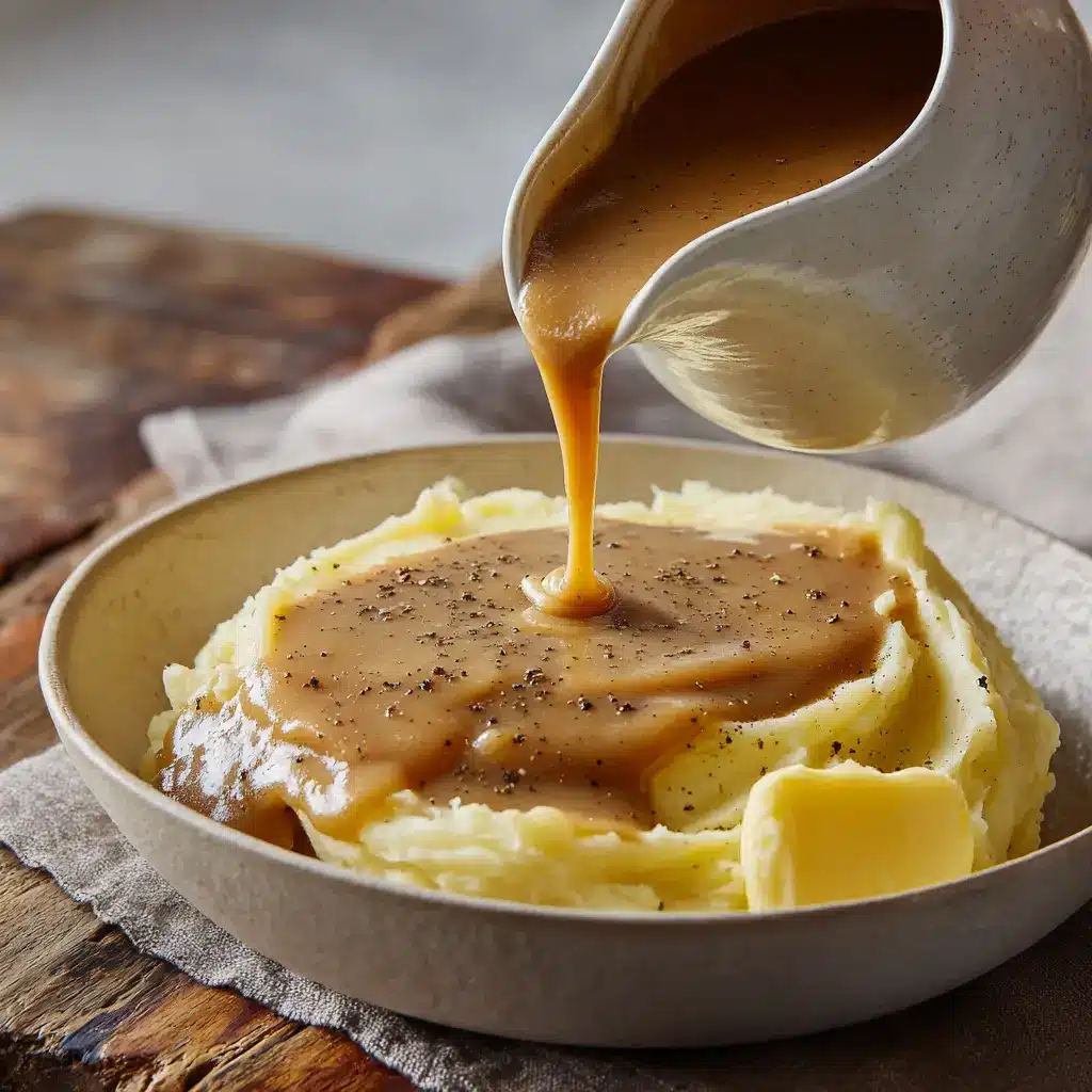 A shallow bowl of fluffy mashed potatoes being covered in a smooth, rich brown gravy on a rustic wooden table.