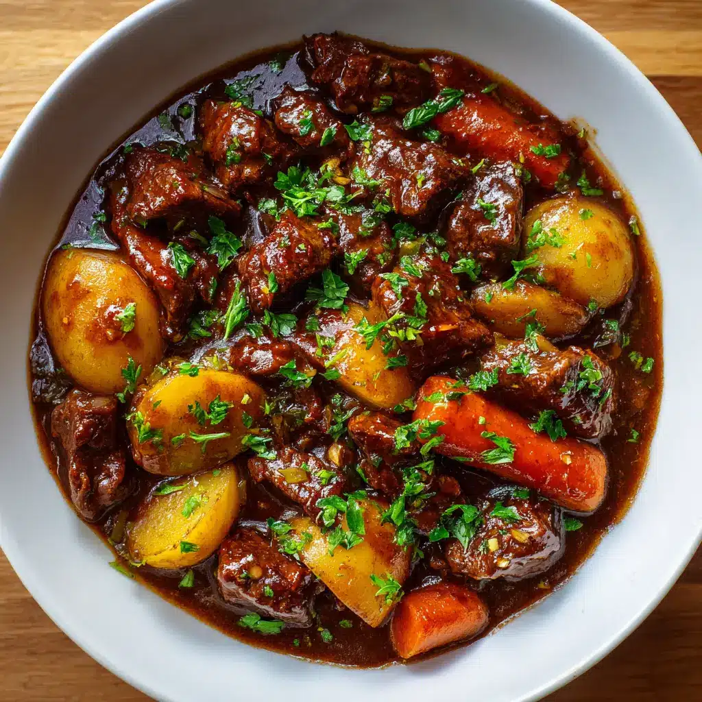 A detailed shot of the Crockpot Beef Stew, highlighting the texture of the slow-cooked beef and the vibrant colors of the vegetables in the rich gravy.