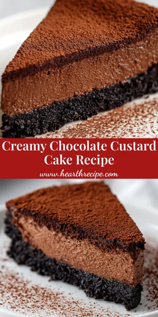 A perfect slice of Chocolate Custard Cake on a simple white plate, featuring a dark Oreo crust, thick and silky dark chocolate custard filling, and a delicate dusting of cocoa powder on top.