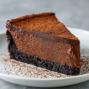 A close-up side view of a Chocolate Custard Cake slice, clearly showing the distinct layers of the thick, semi-glossy dark chocolate custard and the dense, charcoal-brown Oreo cookie crust. (Chocolate Custard Cake)