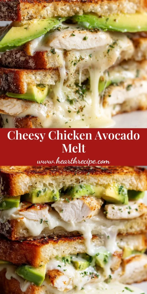 A perfectly made Chicken Avocado Melt sliced in half and stacked. The sandwich features thick sourdough bread, grilled chicken, sliced avocado, and melted provolone cheese, served on a white plate.