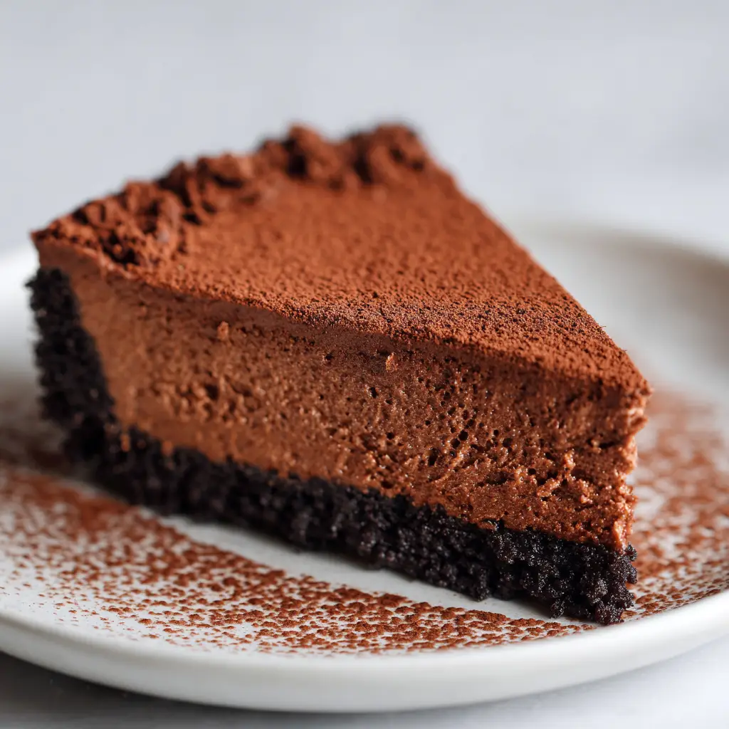 An overhead shot looking down at the Chocolate Custard Cake slice, highlighting the fine, even, medium-brown dusting of cocoa powder that entirely coats its surface.