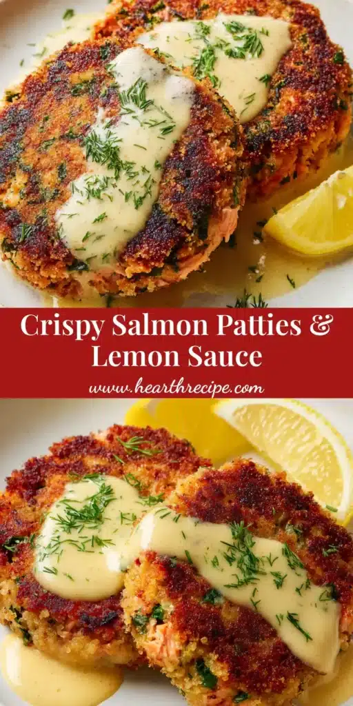 A top-down view of two golden-brown salmon patties on a white plate, drizzled with a creamy white sauce and garnished with fresh dill. A lemon wedge sits beside them. (Salmon Patties)