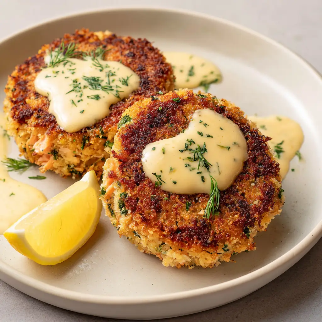 A close-up of a salmon patty drizzled with a smooth, pale-ivory creamy lemon-garlic sauce and garnished with chopped dill.