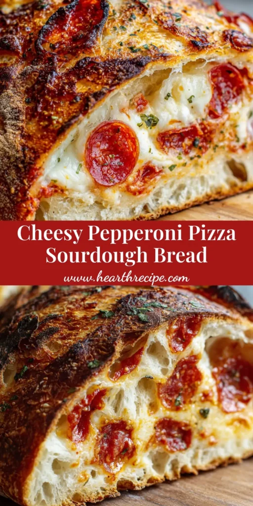 A beautiful loaf of Pepperoni Pizza Sourdough Bread sliced open to show melted mozzarella cheese and pepperoni inside, set on a wooden board.